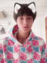 a young boy wearing a cat ear hoodie and a cat ear hat .