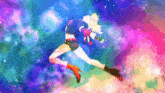 a colorful painting of a woman flying through space