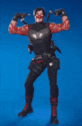 a man with red tattoos on his arms is holding a sword and a gun