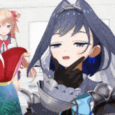 a close up of a anime character with a hand on her chin