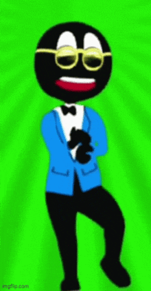 a cartoon character is wearing a blue suit and bow tie .