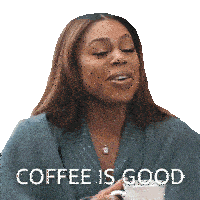 a woman holding a cup of coffee with the words coffee is good written below her