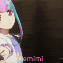 a girl with pink and blue hair and the word emimi on the bottom right