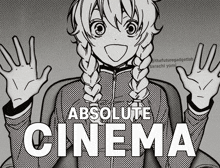 a black and white drawing of a girl with the words absolute cinema below her
