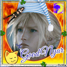 a picture of a man wearing a striped hat with the words good night written on it