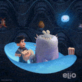 a poster for the movie elio shows a boy holding a popcorn bucket next to a monster