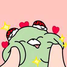 a cartoon drawing of a green frog with red hearts around it