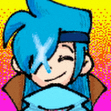 a pixel art drawing of a boy with blue hair holding a blue envelope .