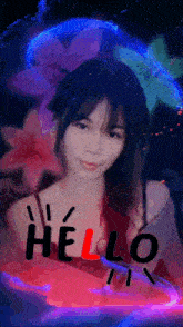 a woman is surrounded by flowers and the word hello is written on her face