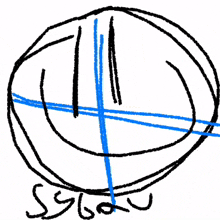 a child 's drawing of a circle with blue lines and the word sygou written below it
