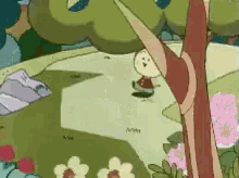 a cartoon character is standing next to a tree in a field .