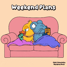a cartoon of a duck and a mouse sitting on a couch with weekend plans written above them