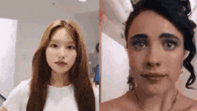 a close up of a woman 's face next to a close up of a woman 's face with makeup on .