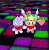 a couple of cartoon characters dancing on a colorful dance floor .
