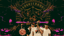 a group of men standing in front of a logo that says " laughterhouse "