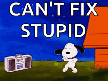 a cartoon of snoopy dancing in front of a boombox with the words " can 't fix stupid "