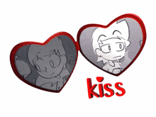 a heart shaped mirror with a picture of a man and a woman and the word kiss below it
