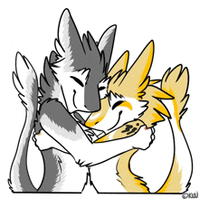 a black and white drawing of two furry animals hugging each other .