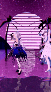 two anime girls are dancing in front of a purple and white background