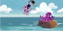 a cartoon illustration of an astronaut flying over an octopus on a rock