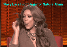 a picture of a woman with the words wavy lace front wigs for natural glam on top