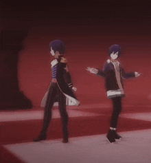 two anime characters are dancing on a red and white carpet