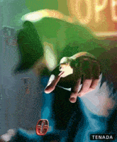 a painting of a person 's hand reaching out towards a stop sign