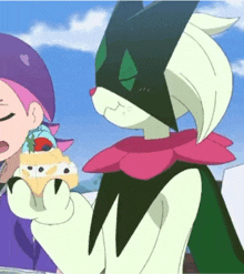 a cartoon character is holding a piece of cake in his hands .