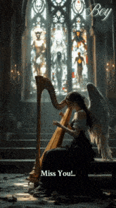a woman with angel wings is playing a harp in front of a stained glass window with the words miss you on the bottom