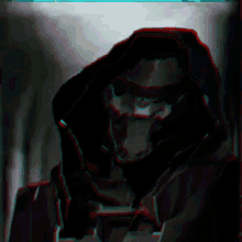 a painting of a hooded figure with a red and blue border