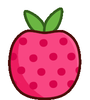 a pink apple with red polka dots and a green stem