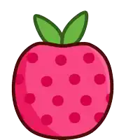 a pink apple with red polka dots and a green stem