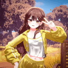 a girl wearing a yellow jacket and a white shirt that says ' ucsd ' on it