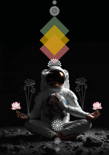 an astronaut sitting in a lotus position with the words yoga day below him