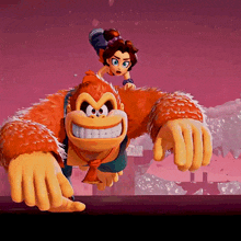 a girl is riding on the back of a monkey