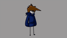 a stick figure in a blue jacket is holding a microphone in his hand .