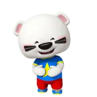 a white teddy bear wearing a blue shirt with a yellow star and red shorts