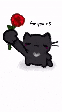 a drawing of a black cat holding a red rose and the words for you < 3