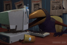 a cartoon character is sitting at a desk with a computer and a cup and a newspaper that says simming on it