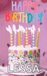 a birthday cake with candles and confetti on it and the words `` happy birthday lessa '' written on it .