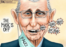 a cartoon of fauci wearing a mask with the words " the mask is off " on it