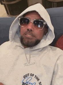a man with a beard wearing a hoodie and sunglasses .