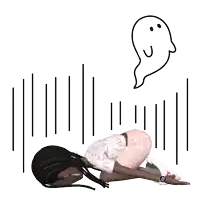 a cartoon of a girl laying on the ground with a ghost behind her
