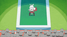 a group of people are watching a cartoon of a goat on a stage
