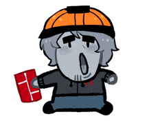 a cartoon drawing of a man wearing a hard hat and holding a red cup with the letter r on it