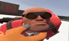 a cartoon character wearing goggles and a red vest
