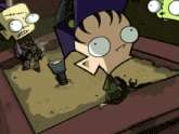 a cartoon character with the letter f on his head stands in a sandbox