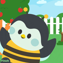 an illustration of a penguin dressed as a bee with finch written on the bottom