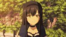 a girl with long black hair and green eyes