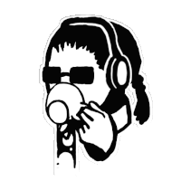 a black and white drawing of a person wearing sunglasses and headphones